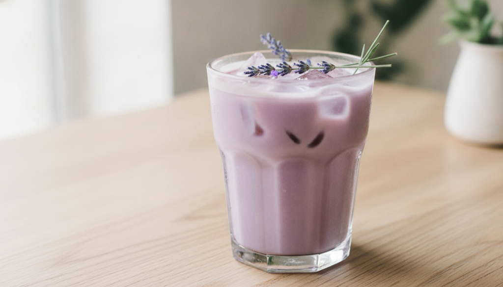 A visually appealing iced latte with a delicate lavender hue topped with a few fresh lavender sprigs or dried lavender b