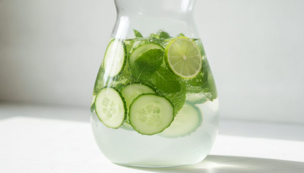 A large glass carafe or pitcher filled with water abundant cucumber slices and fresh mint leaves The water looks clear a
