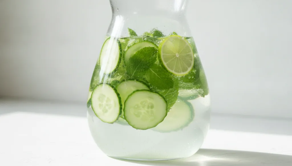 A large glass carafe or pitcher filled with water abundant cucumber slices and fresh mint leaves The water looks clear a