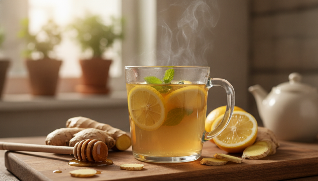 A warm drink in a clear mug showing slices of fresh lemon and thin slices of ginger Steam gently rises from the mug A sm