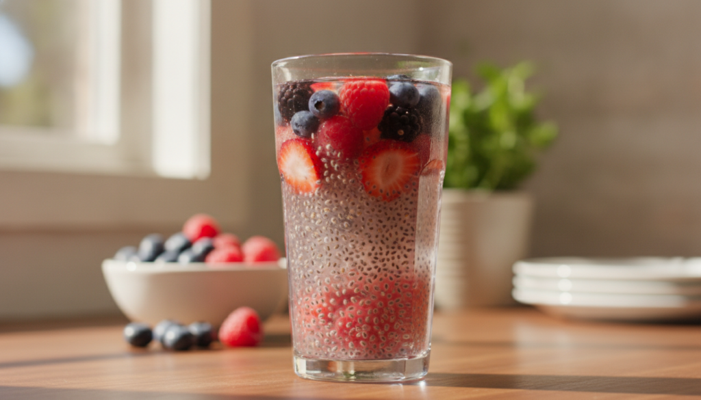 A clear glass with water swollen chia seeds and a mix of fresh red and blue berries like raspberries and blueberries A s
