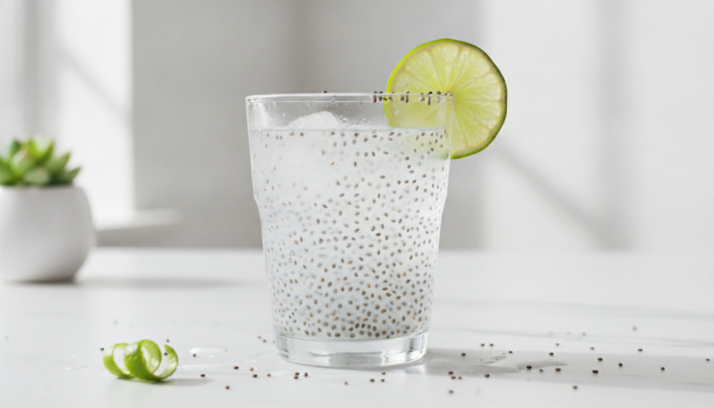 A clear glass filled with a light slightly cloudy drink abundant swollen chia seeds and perhaps a slice of lime or a few
