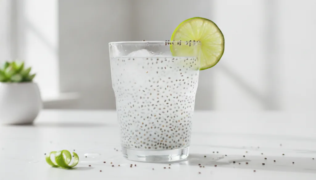 A clear glass filled with a light slightly cloudy drink abundant swollen chia seeds and perhaps a slice of lime or a few