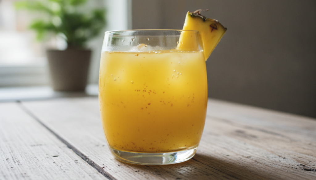 A vibrant yellow-orange drink in a clear glass possibly with a slight froth or texture Visible specks of turmeric or gin