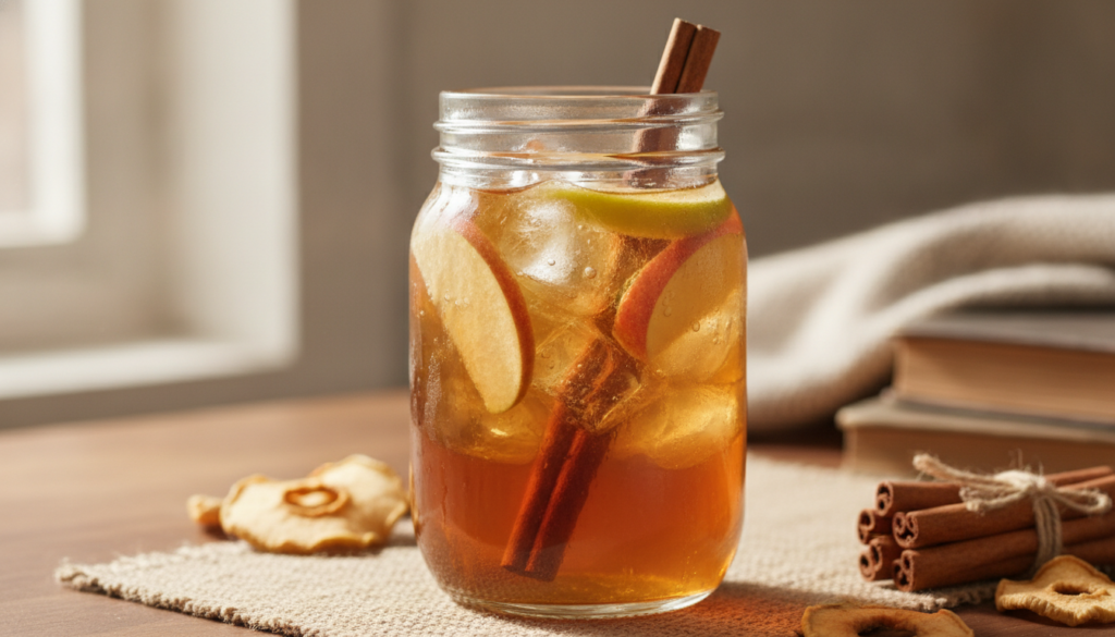 A rustic-looking amber drink in a glass jar or mug possibly with a cinnamon stick or apple slices visible Ice cubes and 