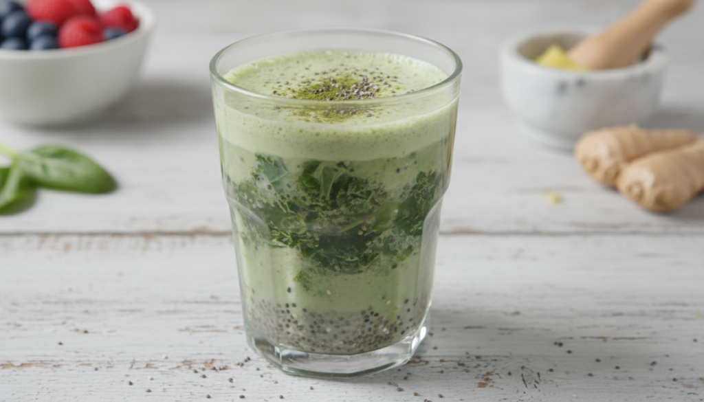 A vibrant green smoothie-like drink in a clear glass Visible hints of leafy greens like spinach or kale possibly some fr