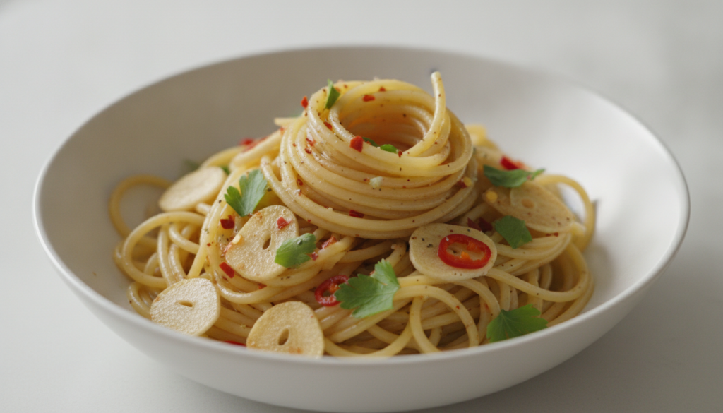 A bowl of spaghetti aglio e olio glistening with olive oil showing thinly sliced garlic red pepper flakes and fresh chop