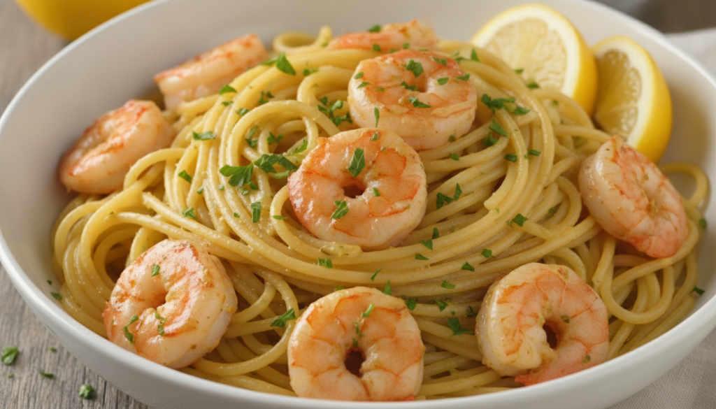 A bowl of spaghetti tossed with sautéed shrimp lemon wedges fresh parsley and a light glossy sauce The dish looks fresh 