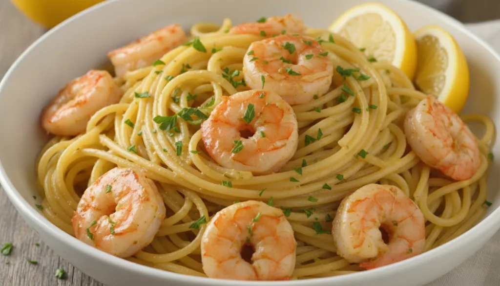 A bowl of spaghetti tossed with sautéed shrimp lemon wedges fresh parsley and a light glossy sauce The dish looks fresh