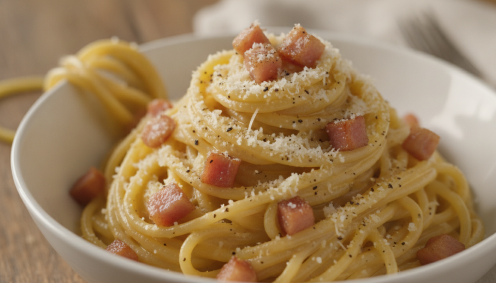 A close-up shot of creamy carbonara spaghetti with crispy pancetta pieces freshly ground black pepper and grated Pecorin
