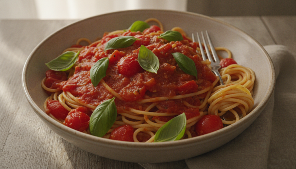 A bowl of spaghetti with a vibrant red tomato sauce garnished generously with fresh green basil leaves The sauce appears
