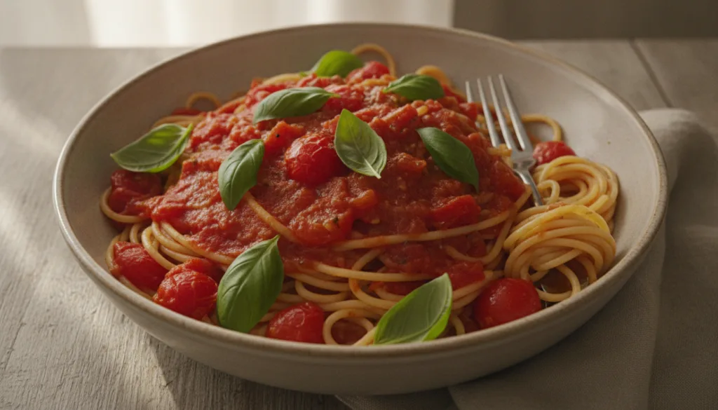 A bowl of spaghetti with a vibrant red tomato sauce garnished generously with fresh green basil leaves The sauce appears
