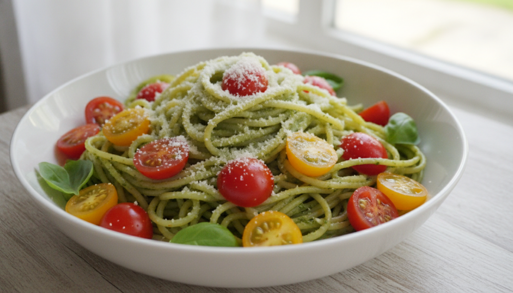 A vibrant bowl of spaghetti tossed with green pesto halved red and yellow cherry tomatoes and grated Parmesan cheese The