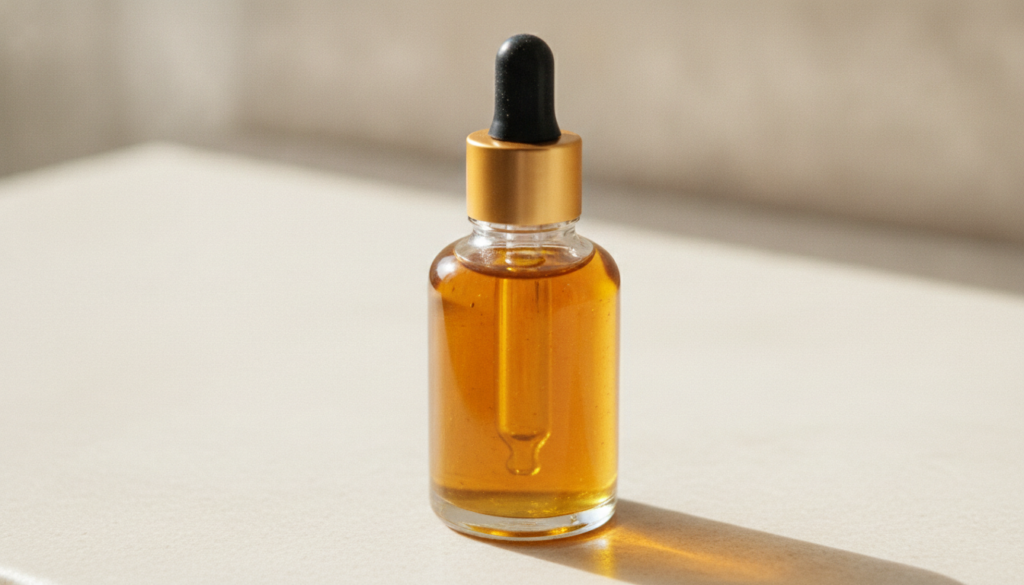 A close-up of a small glass bottle filled with a golden herbal hair oil with a label Natural Wellness By R and a dropper