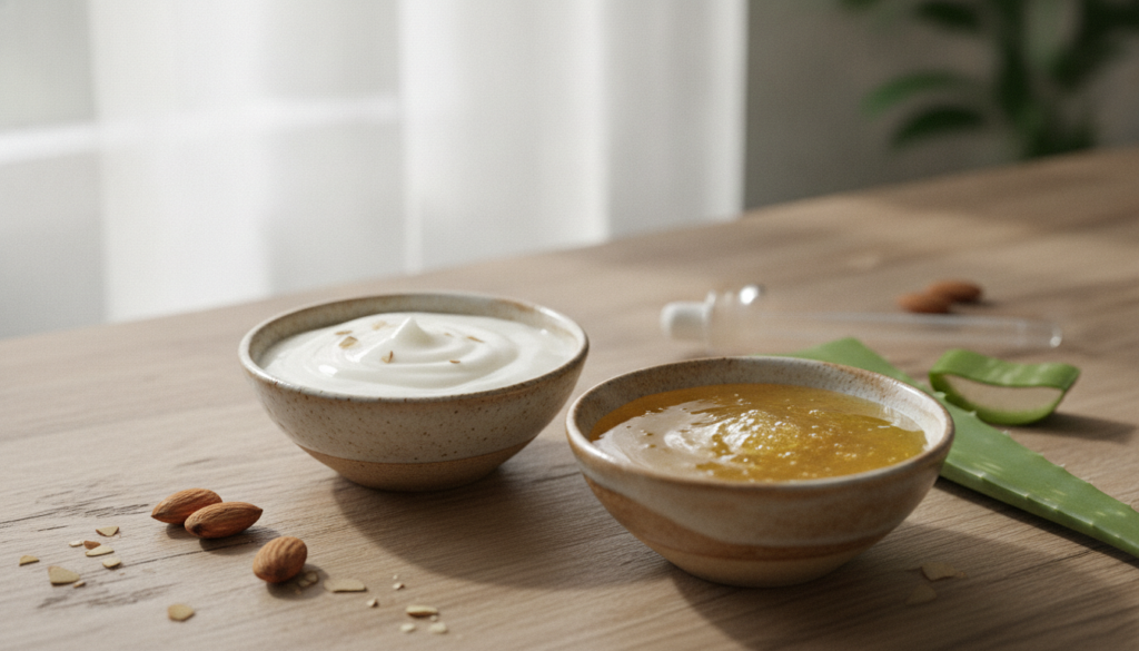 Two small bowls on a wooden surface one containing a creamy white Vaseline and almond oil mix the other containing a yel