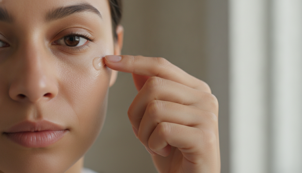 A person gently applying a small amount of the Vaseline smoothing balm around their eye area with their fingertip The sk