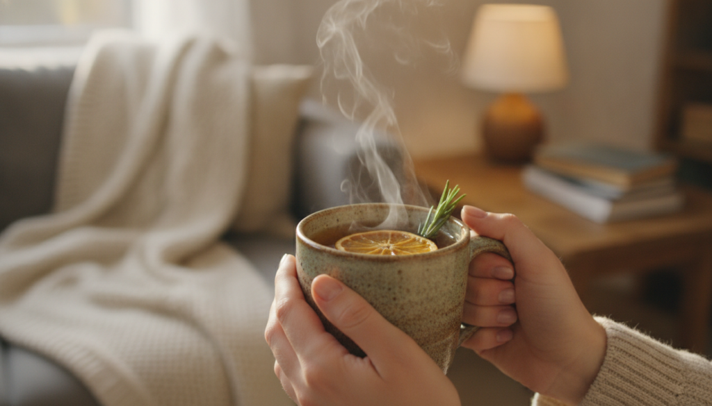 A person s hands holding a warm mug of herbal tea with a serene background suggesting relaxation and wellness