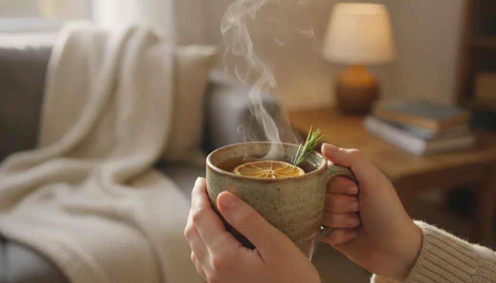 A person s hands holding a warm mug of herbal tea with a serene background suggesting relaxation and wellness