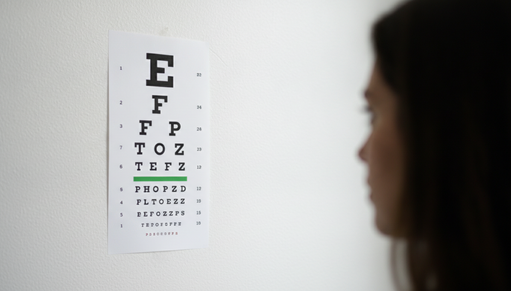 An eye chart being viewed by someone symbolizing eye health check-ups and care