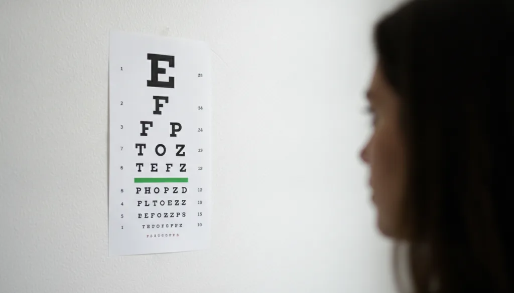 An eye chart being viewed by someone symbolizing eye health check-ups and care