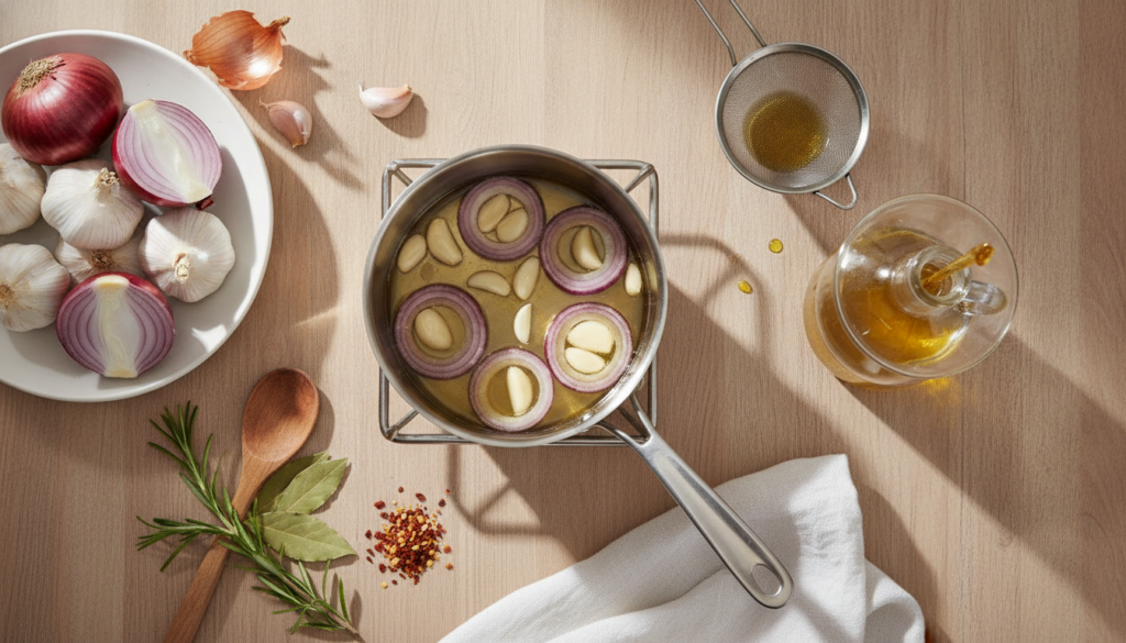 A top-down shot showing the process of making the herbal hair oil On one side there are fresh garlic cloves and a choppe