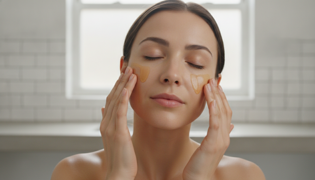 A woman gently massaging a few drops of golden oil onto her clean face with her fingertips Her skin looks soft and hydra