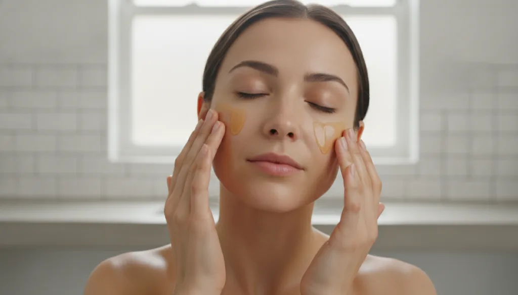 A woman gently massaging a few drops of golden oil onto her clean face with her fingertips Her skin looks soft and hydra