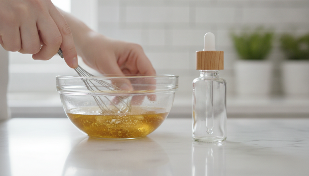 Hands mixing a golden oil with a small whisk in a glass bowl with fine powders visibly blended into the liquid A clean g