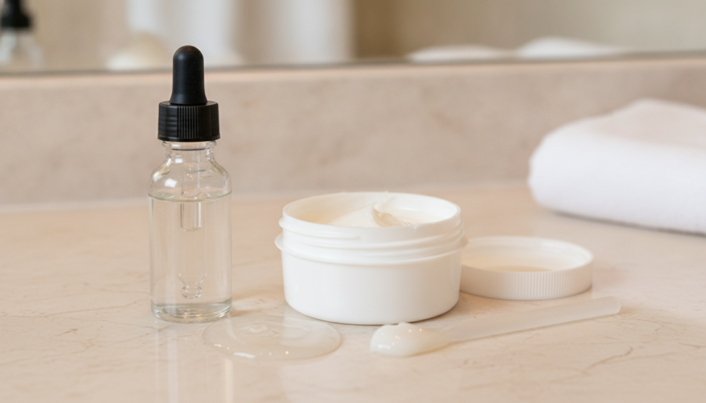 A small clear dropper bottle of glycerin next to a small tub of Vaseline arranged on a smooth light-colored bathroom cou