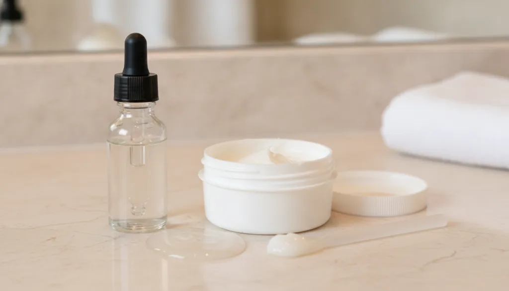 A small clear dropper bottle of glycerin next to a small tub of Vaseline arranged on a smooth light-colored bathroom cou