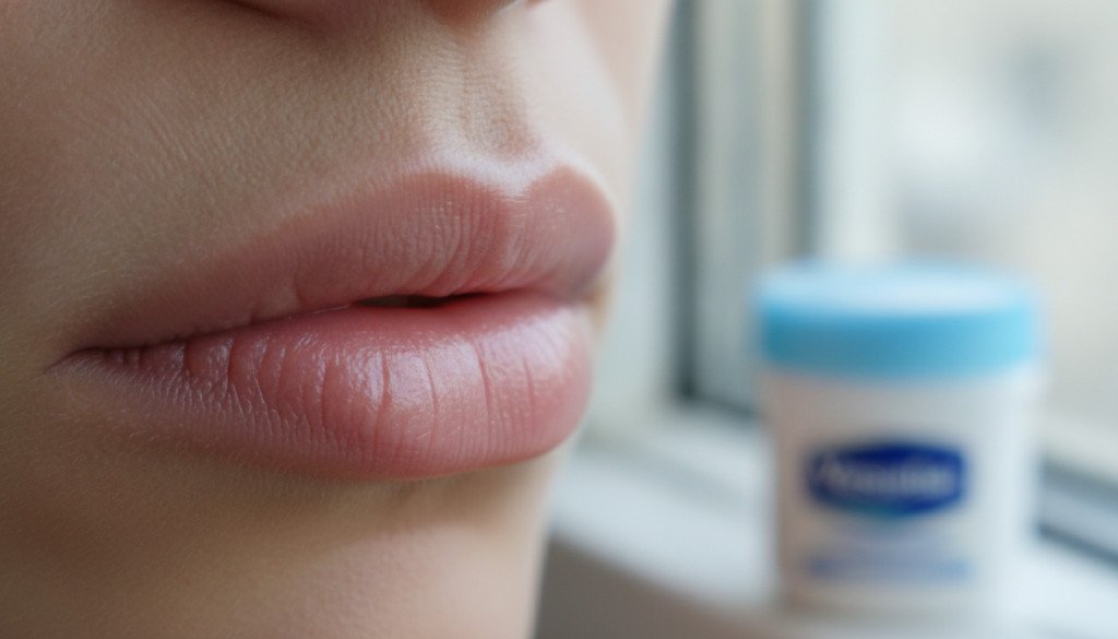 A close-up of plump hydrated lips with a subtle sheen appearing very soft and smooth A small container of Vaseline is bl