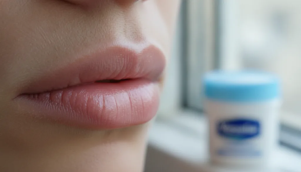 A close-up of plump hydrated lips with a subtle sheen appearing very soft and smooth A small container of Vaseline is bl