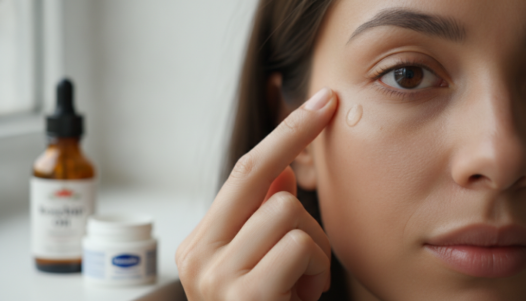 A person gently dabbing a small amount of product under their eye with a fingertip A bottle of rosehip oil and a small j