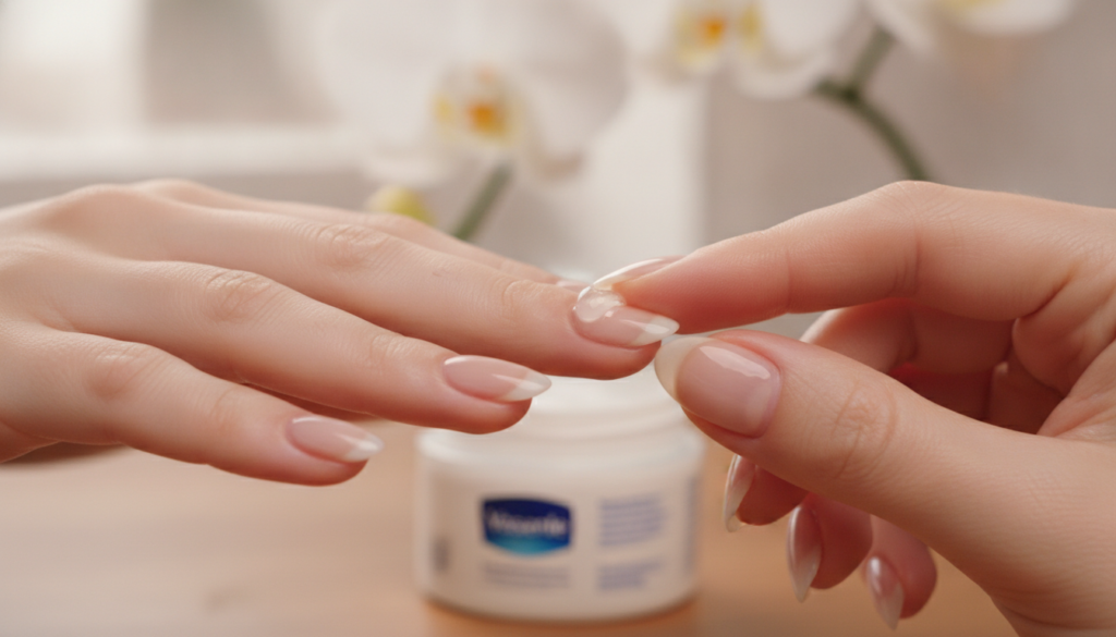 A close-up of healthy well-manicured nails with soft hydrated cuticles A tiny dab of Vaseline is shown being gently mass