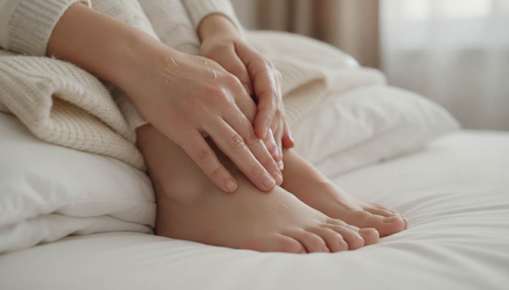 A pair of hands and feet visibly softened and moisturized with a thin layer of Vaseline applied to them The setting is c