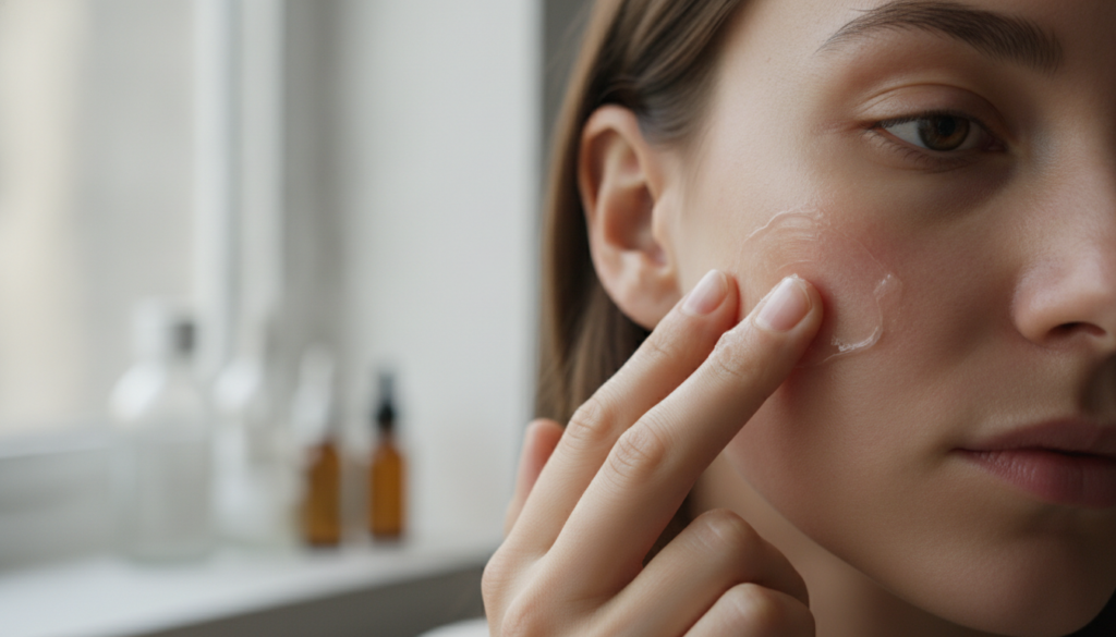 A person with slightly irritated or red skin on their cheek gently applying a thin layer of Vaseline The skin looks soot