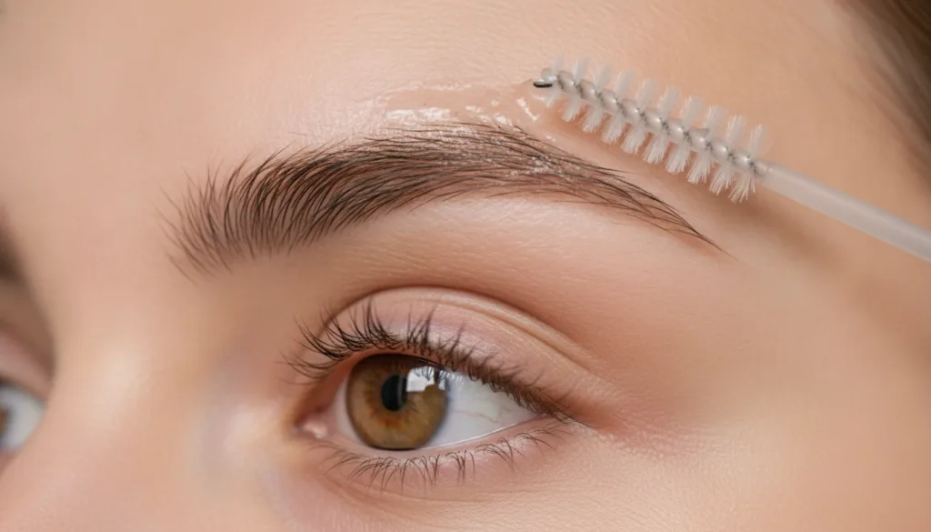 A close-up of a person s eye and eyebrow area A small amount of Vaseline is being lightly brushed onto the eyebrows with