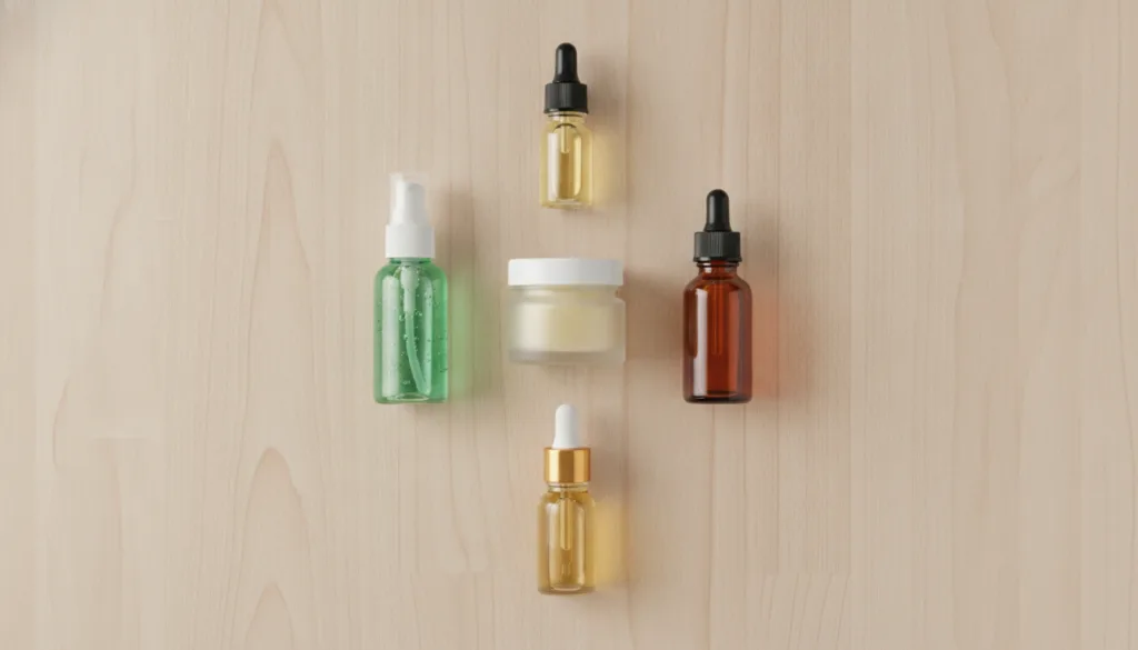 A flat lay of the simple ingredients for the Vaseline skin hacks a small jar of Vaseline a bottle of aloe vera gel a bot