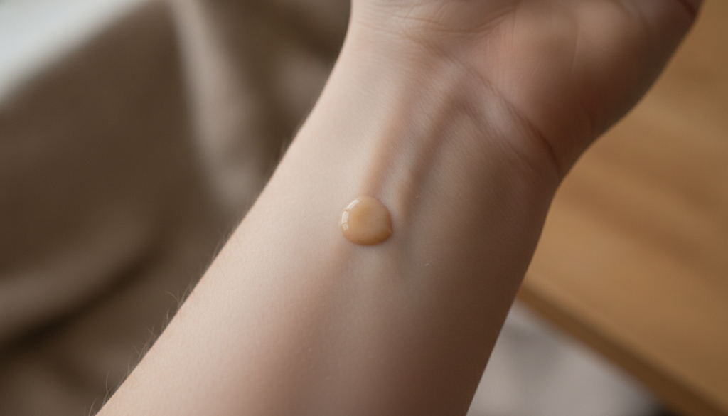A close-up of a person s inner forearm with a small patch of a mixed beauty product applied for a patch test highlightin