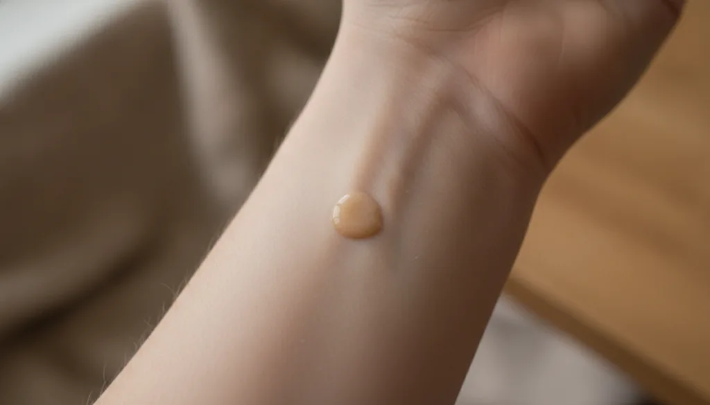 A close-up of a person s inner forearm with a small patch of a mixed beauty product applied for a patch test highlightin