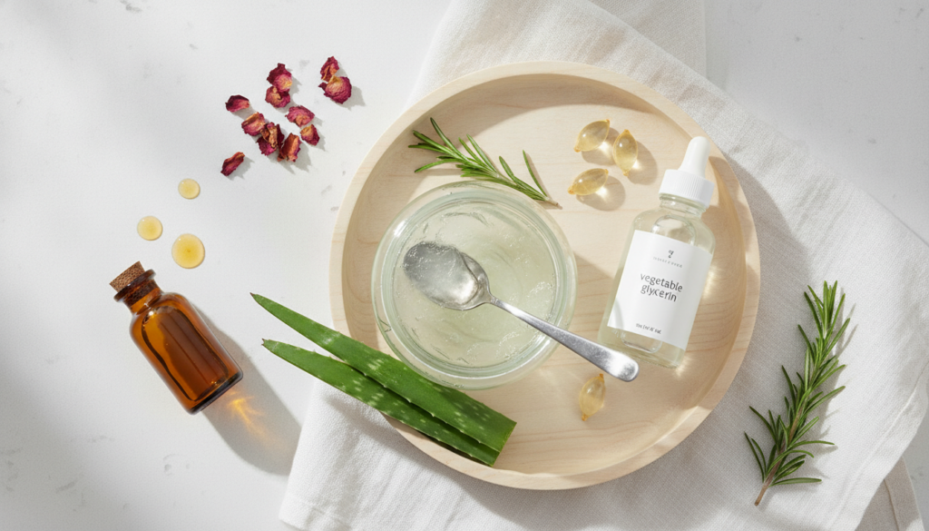 Various natural ingredients laid out on a clean counter a jar of aloe vera gel a bottle of sweet almond oil a small bott