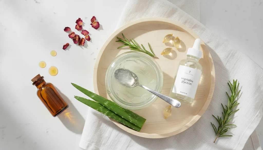 Various natural ingredients laid out on a clean counter a jar of aloe vera gel a bottle of sweet almond oil a small bott