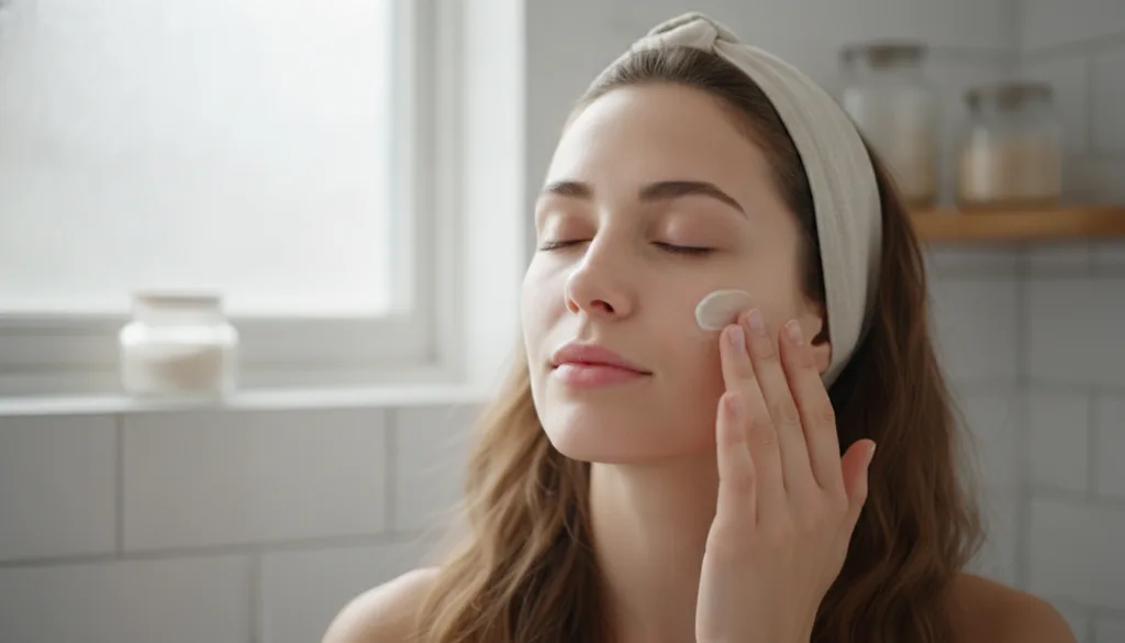 A woman gently applying a small amount of homemade cream to her face with her fingertips her eyes closed in a moment of 