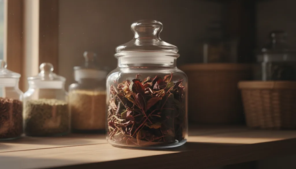 Dried amaranth leaves stored in a clear glass jar on a wooden shelf illustrating proper storage