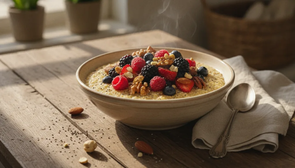 A bowl of cooked amaranth porridge topped with fresh berries and nuts ready to eat on a rustic wooden table
