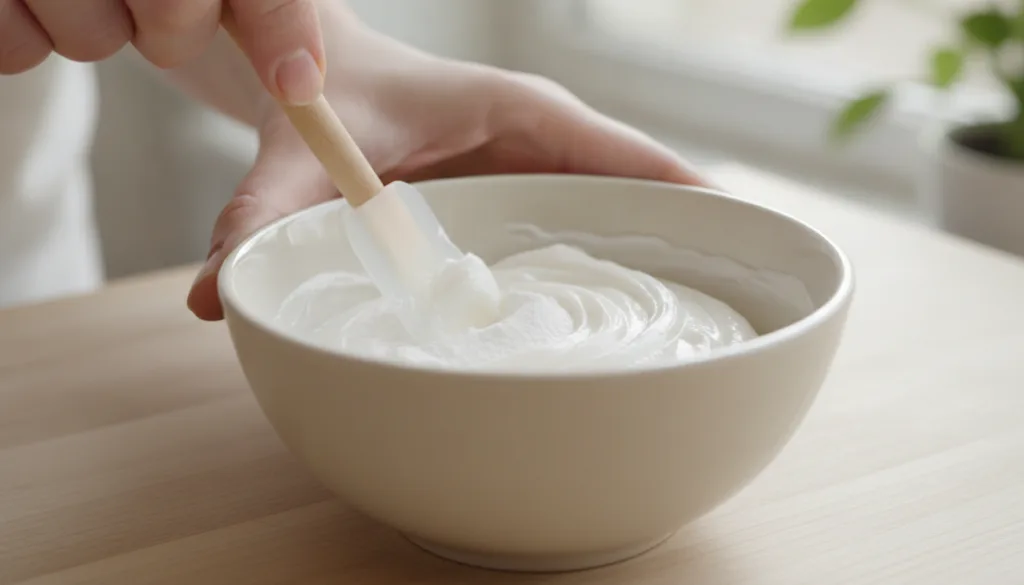Close-up of a hand mixing Vaseline and baking soda in a small ceramic bowl with a spatula creating a smooth white paste