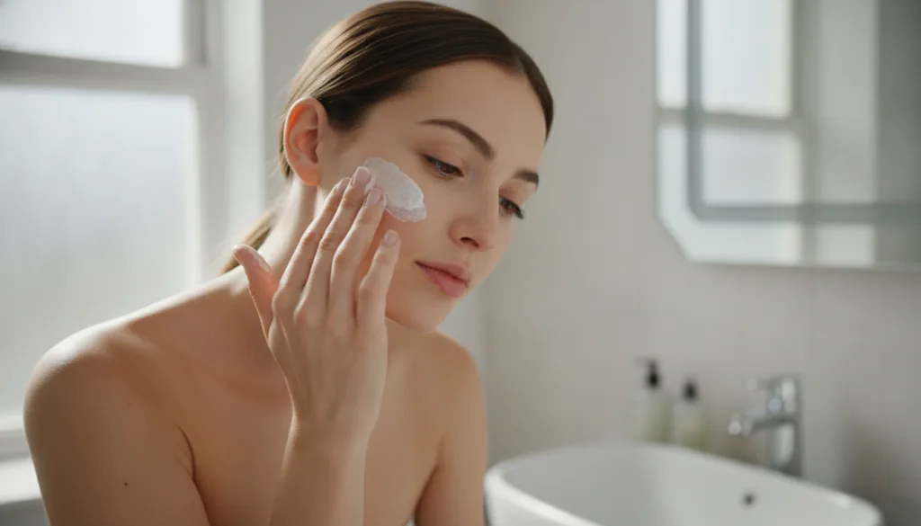 A woman gently applying a white paste to her cheek demonstrating facial application of the beauty remedy