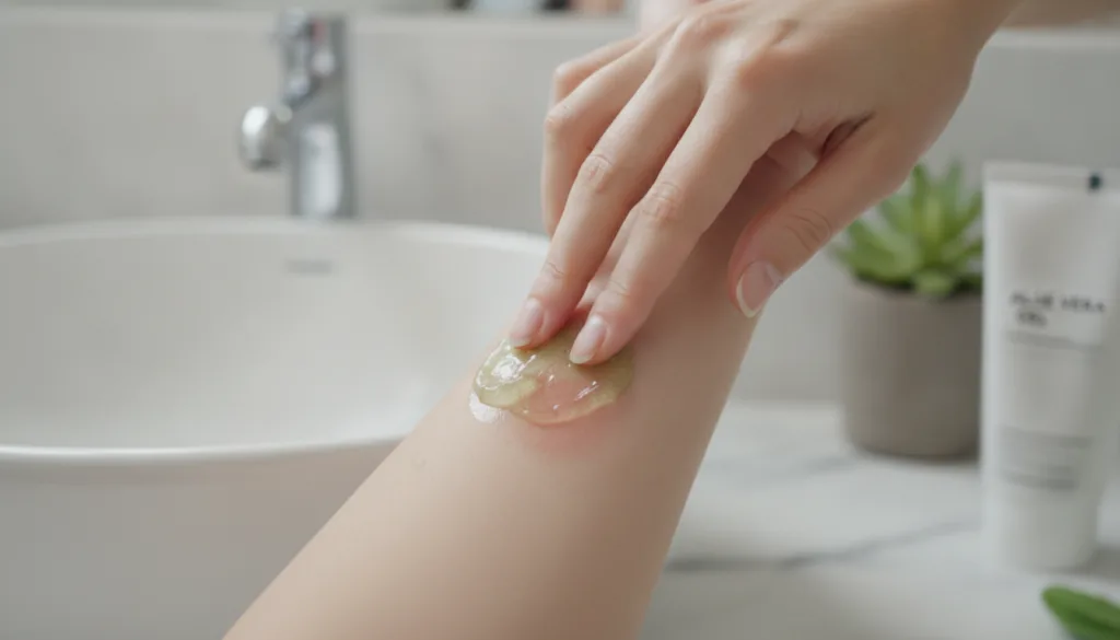 A hand applying aloe vera gel to a minor burn on the forearm