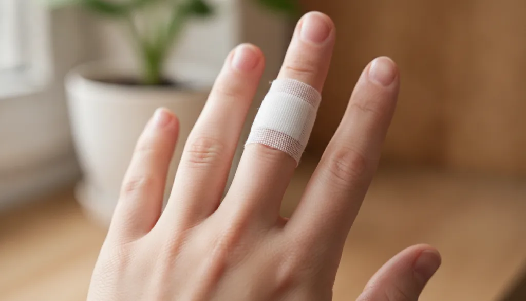 A minor burn on a hand covered with a light non-stick bandage