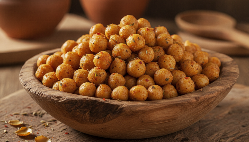 A rustic bowl filled with golden-brown spiced roasted chickpeas some with visible seasoning flecks The background is sli